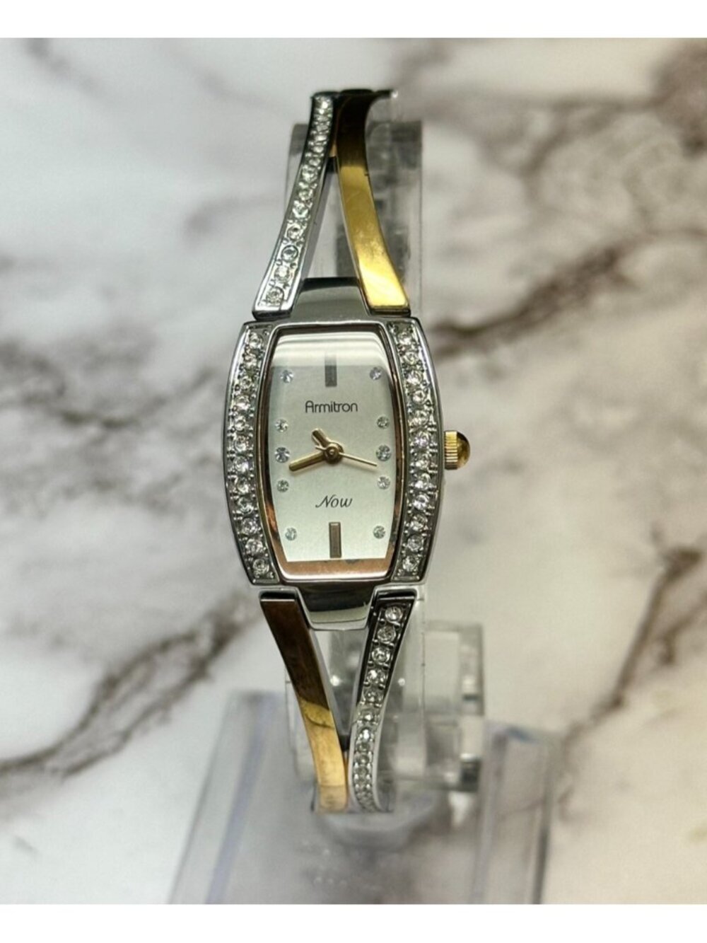 3/$30 Armitron Watch Women Silver Rose Gold Two Tone Crystal Bezel 7.5"